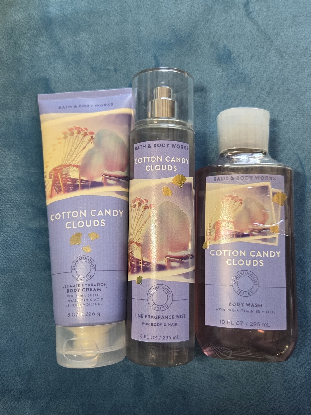 NWT Bath & Body Works Cotton Candy Clouds 3 Pc Body Care Set